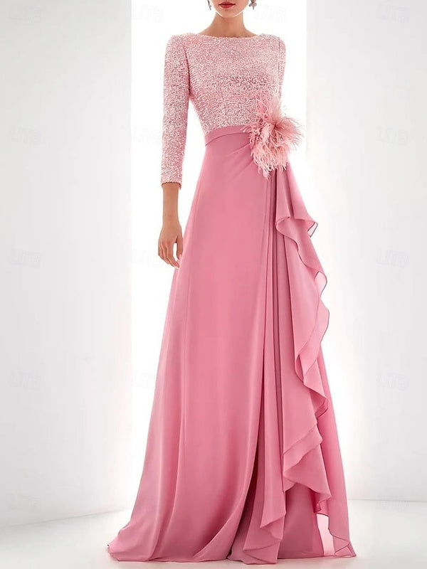A Line Princess Jewel Neck Long Sleeves Asymmetrical Mother Of The Bride Dresses With Sequin Feather Pearls