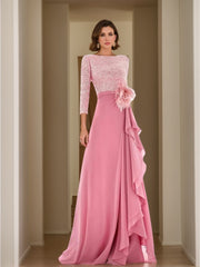 A Line Princess Jewel Neck Long Sleeves Asymmetrical Mother Of The Bride Dresses With Sequin Feather Pearls