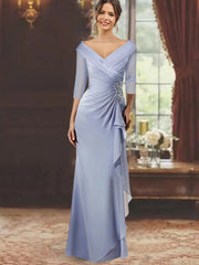 Sheath Column V Neck Half Sleeves Floor Length Mother Of The Bride Dresses With Ruffles Appliques