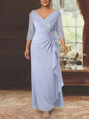 Sheath Column V Neck Half Sleeves Floor Length Plus Size Mother Of The Bride Dresses With Ruffles Appliques