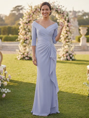 Sheath Column V Neck Half Sleeves Floor Length Mother Of The Bride Dresses With Ruffles Appliques
