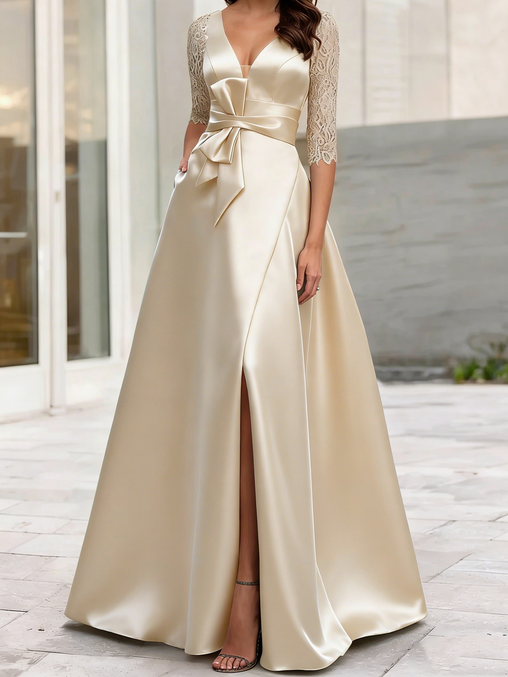A Line Princess V Neck Half Sleeves Mother Of The Bride Dresses With Split Side