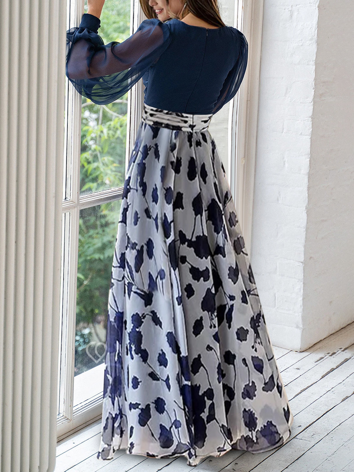 A Line Princess V Neck Long Sleeves Floor Length Floral Mother Of The Bride Dresses With Flower