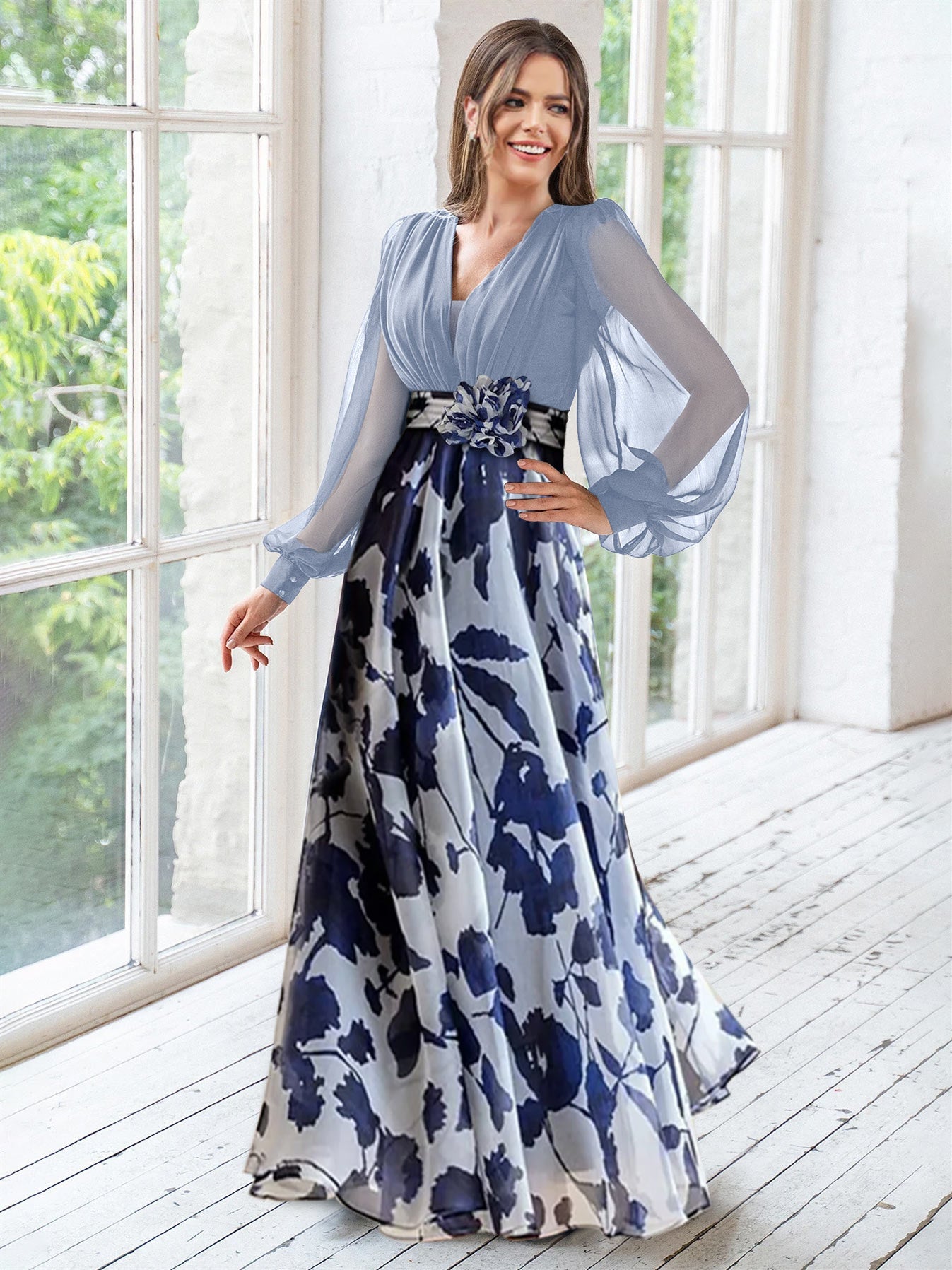 A Line Princess V Neck Long Sleeves Floor Length Floral Mother Of The Bride Dresses With Flower