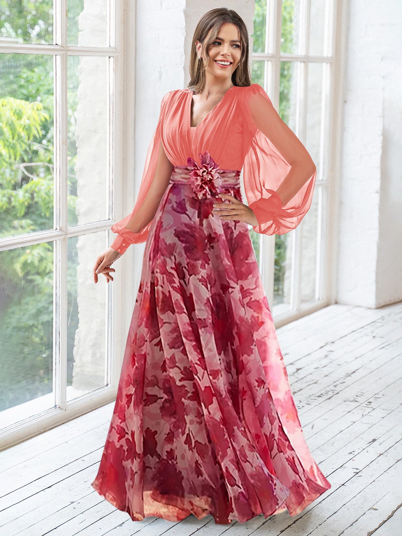 A Line Princess V Neck Long Sleeves Floor Length Floral Mother Of The Bride Dresses With Flower