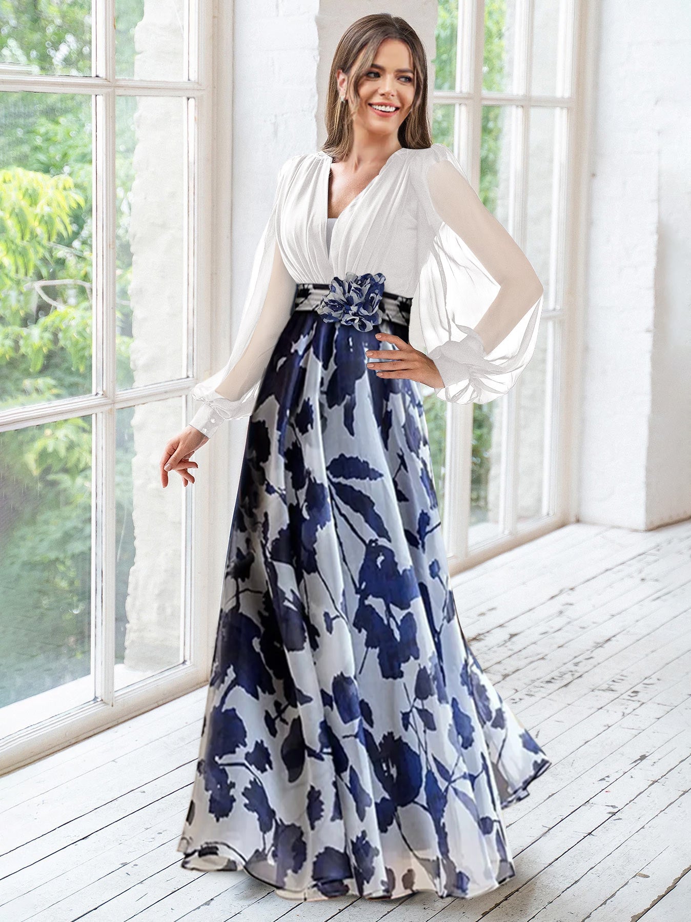 A Line Princess V Neck Long Sleeves Floor Length Floral Mother Of The Bride Dresses With Flower