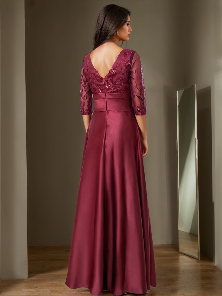 A Line Princess V Neck Floor Length Mother Of The Bride Dresses With Split Side Ruffles Sequins Bow S