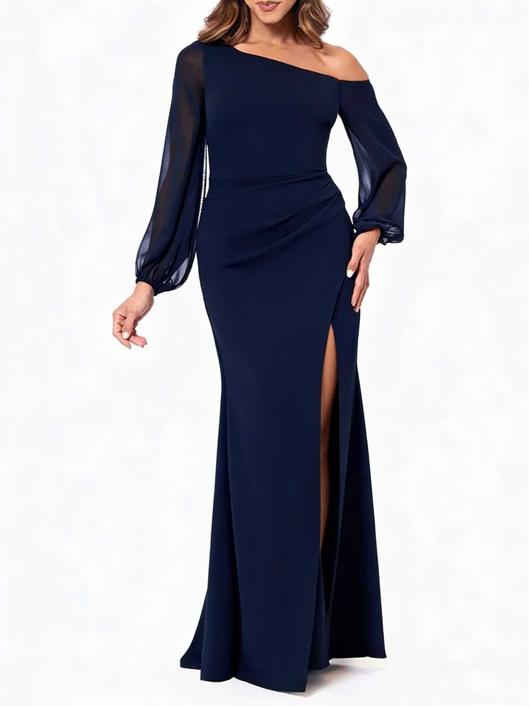 Trumpet Mermaid Asymmetrical Floor Length One Shoulder Long Sleeves Mother Of The Bride Dresses Chiffon