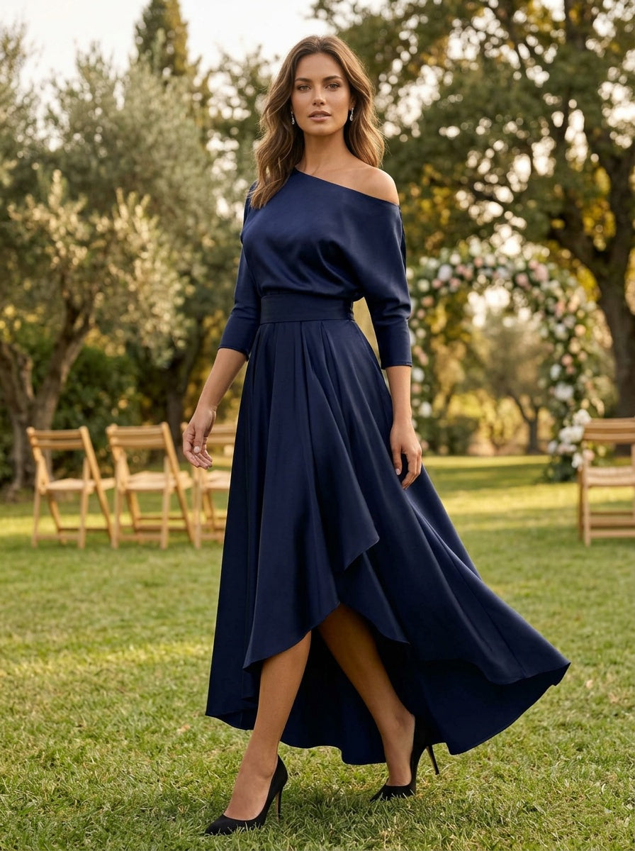 A Line Princess One Shoulder 3 4 Sleeves Asymmetrical Mother Of The Bride Groom Dresses