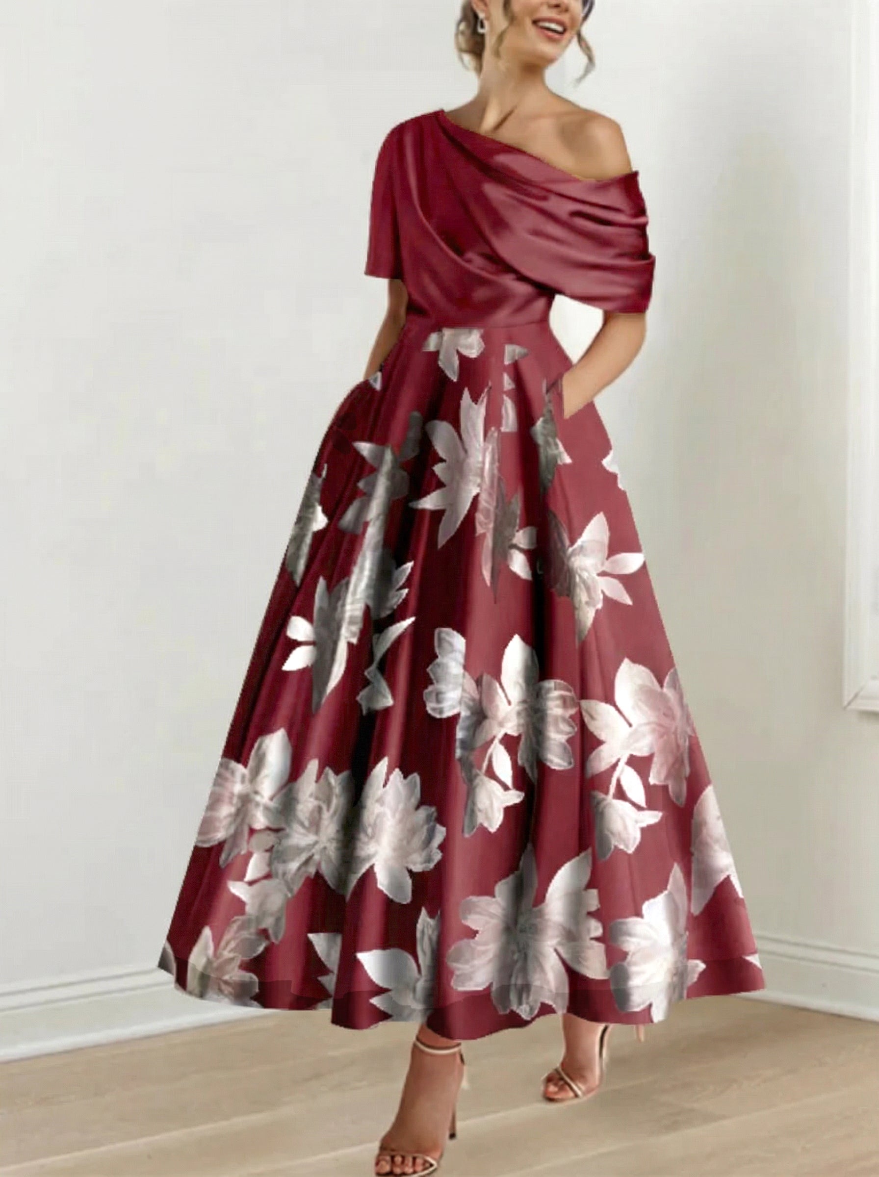 A Line Princess One Shoulder Printed Flower Mother Of The Bride Dresses