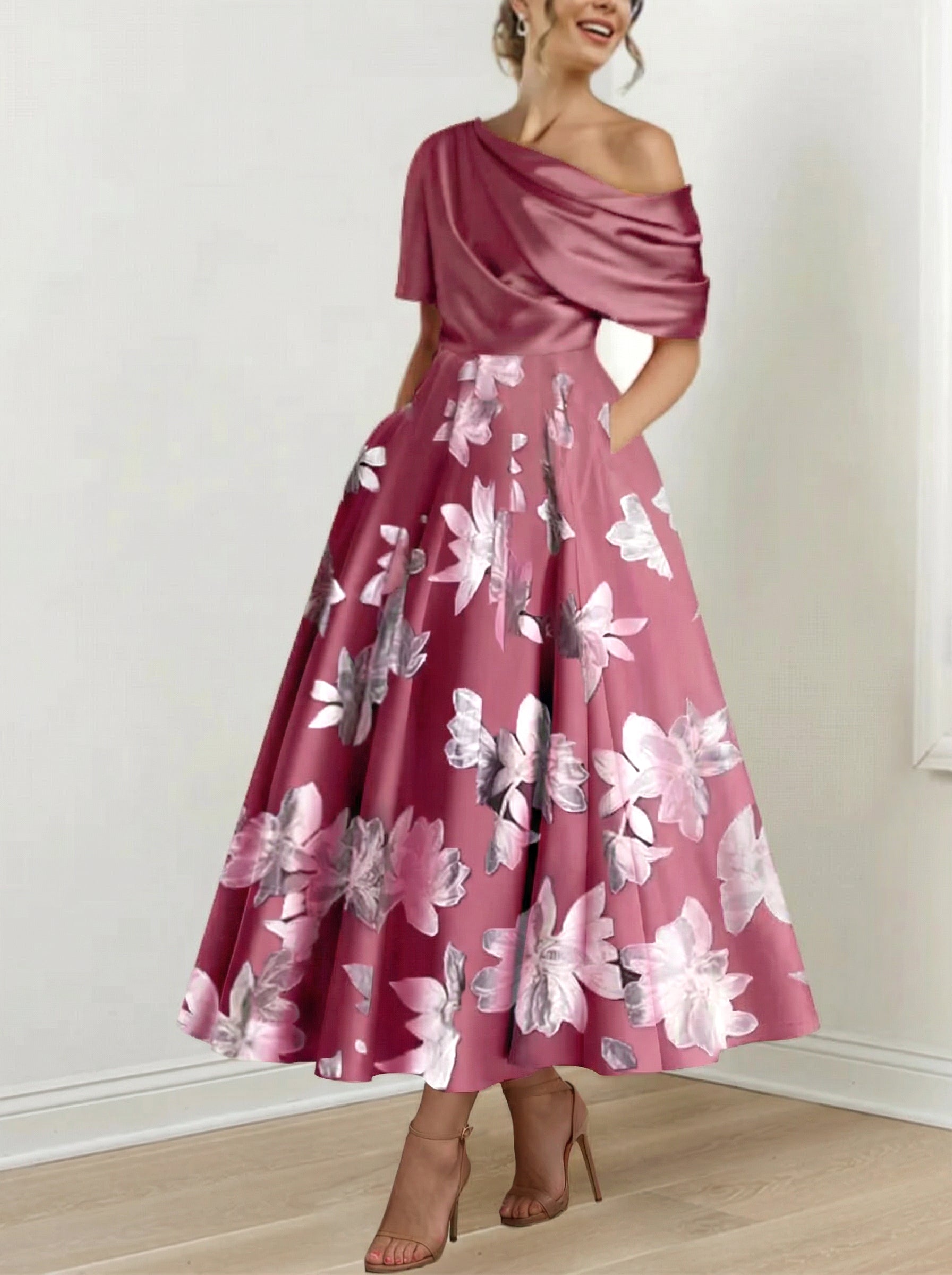 A Line Princess One Shoulder Printed Flower Mother Of The Bride Dresses