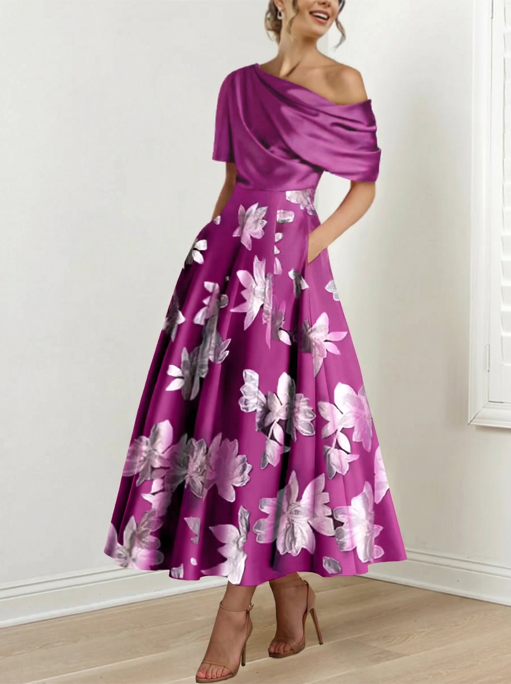 A Line Princess One Shoulder Printed Flower Mother Of The Bride Dresses