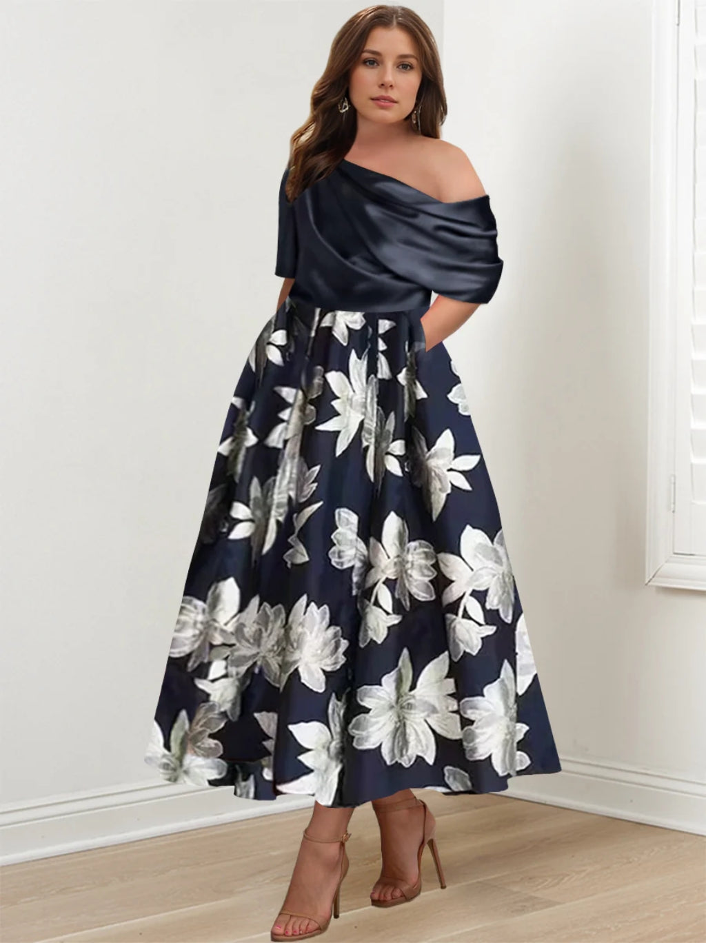 A Line Princess One Shoulder Printed Flower Plus Size Mother Of The Bride Dresses