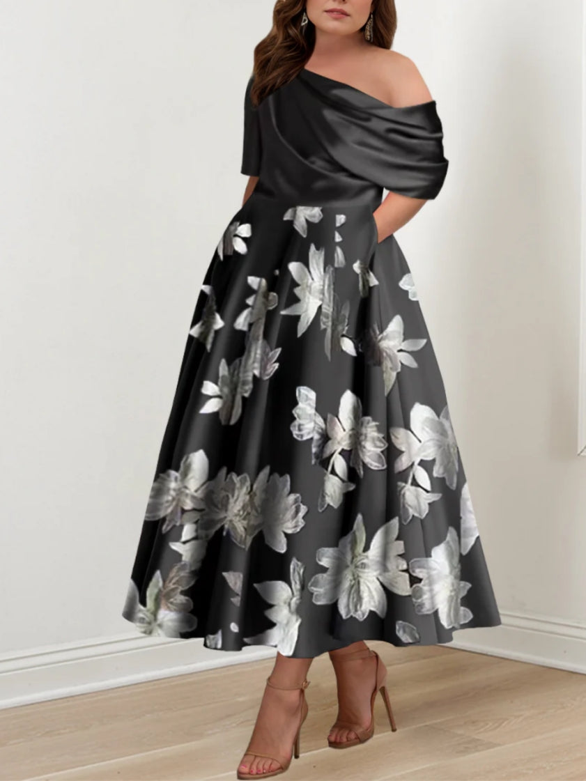 A Line Princess One Shoulder Printed Flower Plus Size Mother Of The Bride Dresses
