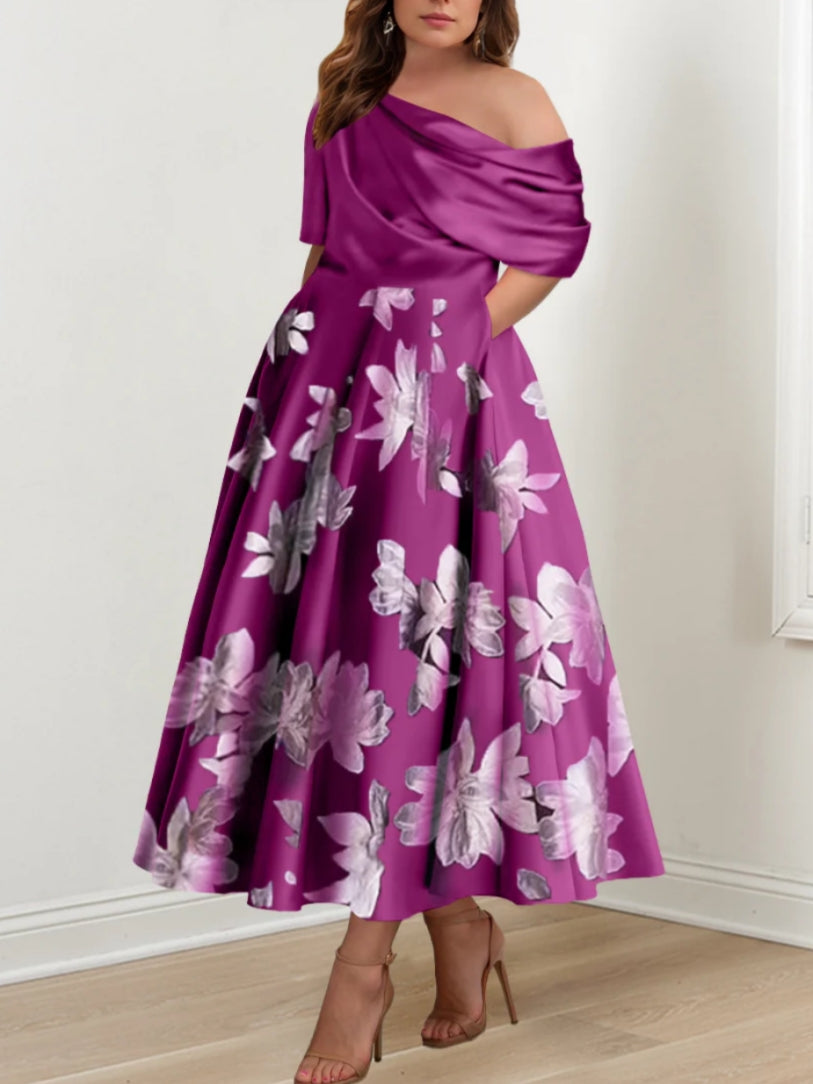 A Line Princess One Shoulder Printed Flower Plus Size Mother Of The Bride Dresses