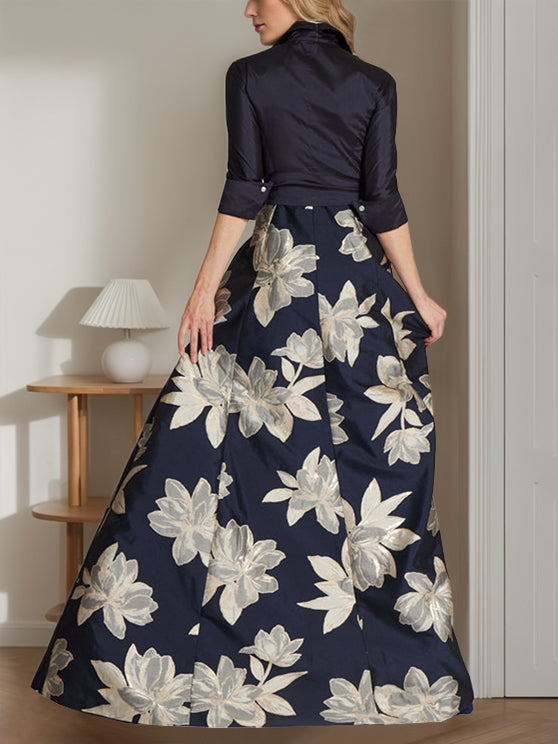 A Line Princess Shirt Collar 3 4 Sleeves Floor Length Printed Flower Mother Of The Bride Dresses