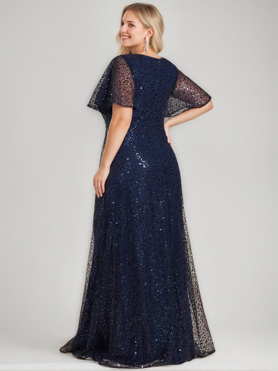 A Line Princess V Neck Short Sleeves Floor Length Sequined Mother Of The Bride Groom Dresses
