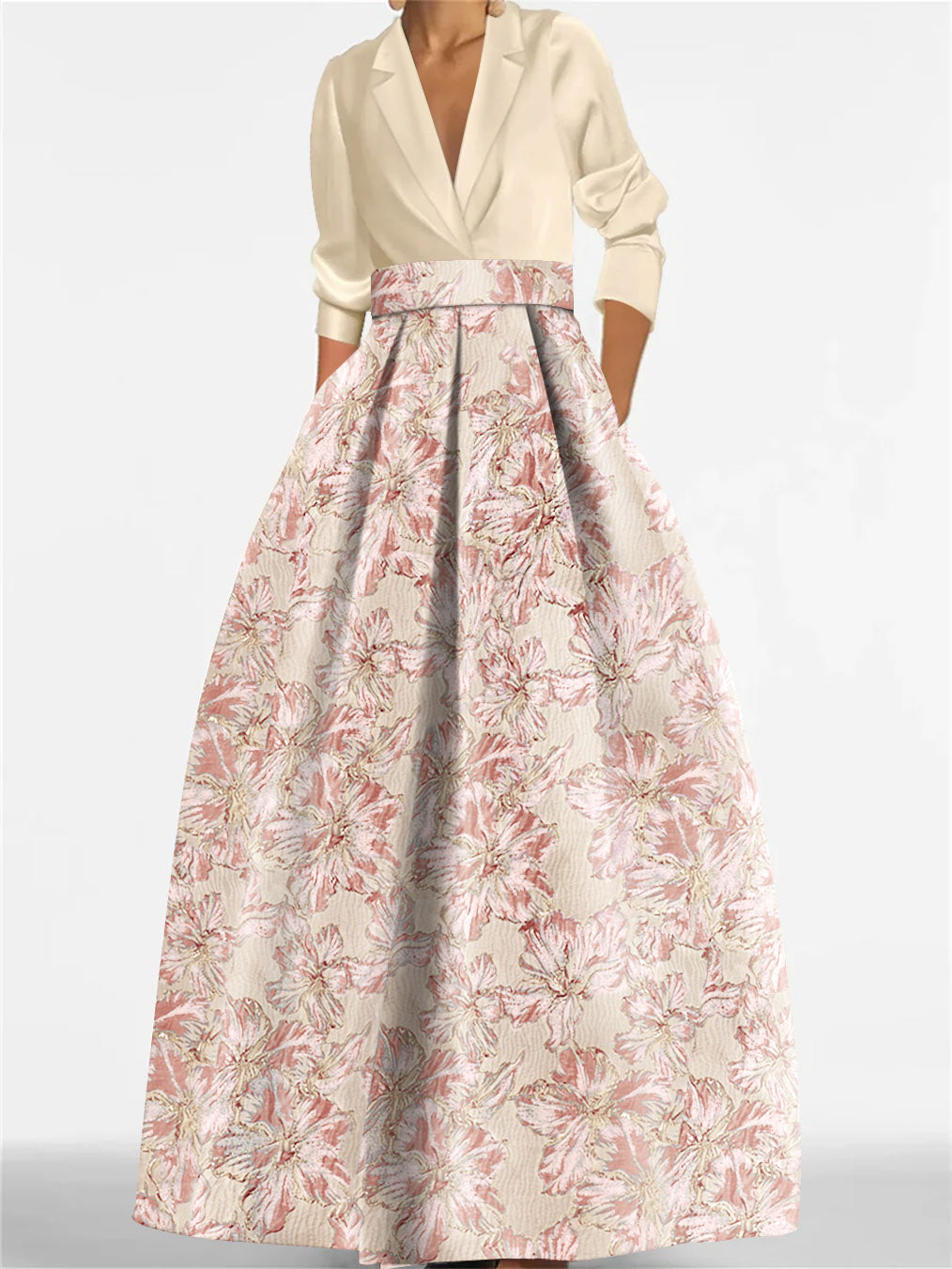 A Line Princess Shirt Collar 3 4 Sleeves Printed Flower Mother Of The Bride Groom Dresses