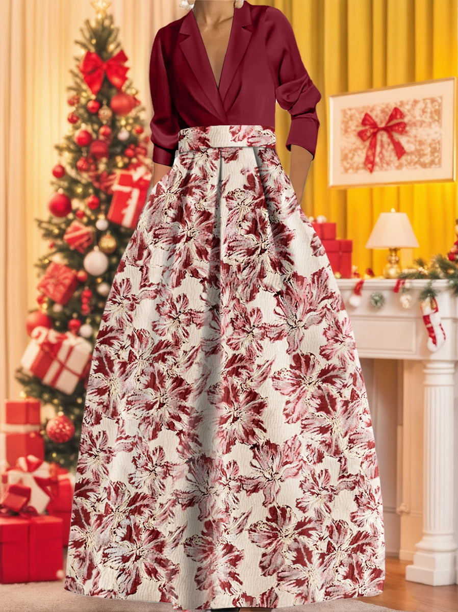 A Line Princess Shirt Collar 3 4 Sleeves Printed Flower Mother Of The Bride Groom Dresses