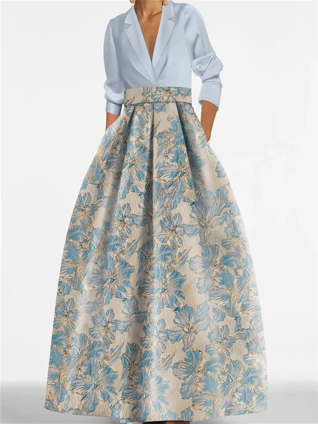 A Line Princess Shirt Collar 3 4 Sleeves Printed Flower Mother Of The Bride Groom Dresses