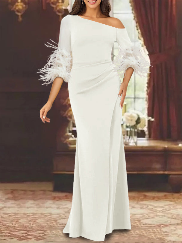 Trumpet Mermaid Mother Of The Bride Feather Dresses With One Shoulder Long Sleeves Chiffon