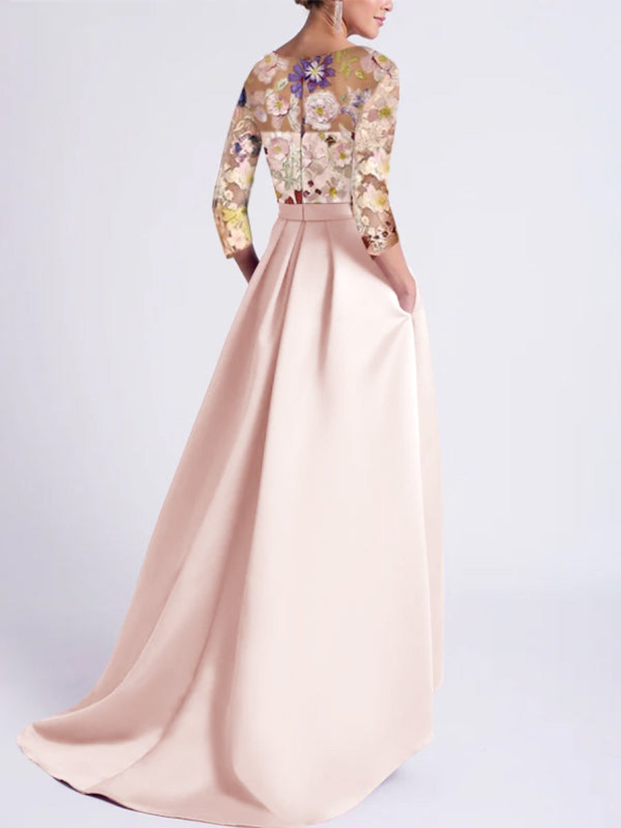 A Line Princess Scoop 3 4 Sleeves Asymmetrical Mother Of The Bride Dresses With Appliques Lace