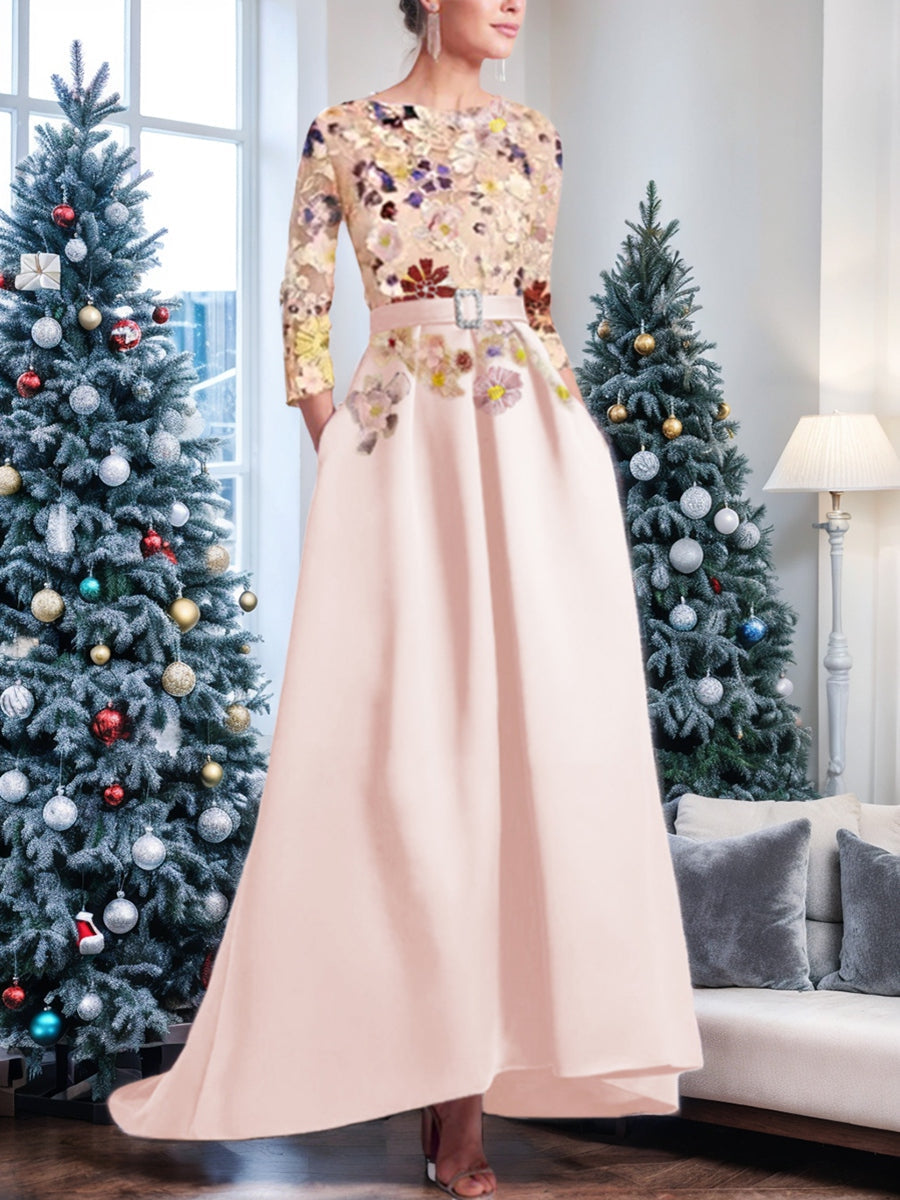 A Line Princess Scoop 3 4 Sleeves Asymmetrical Mother Of The Bride Dresses With Appliques Lace