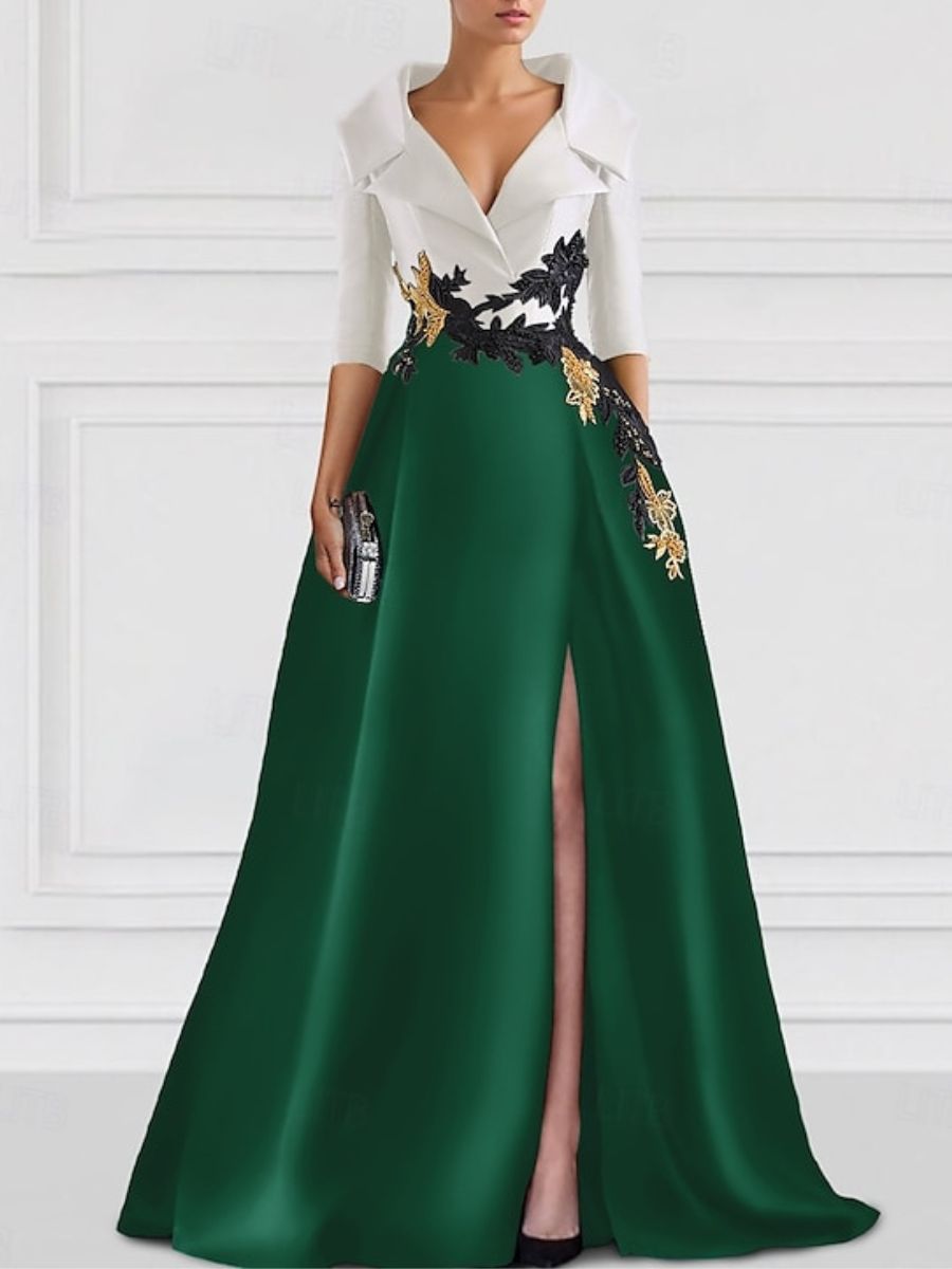 A Line Princess V Neck Floor Length Mother Of The Bride Dresses With Appliques Split Side
