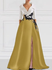 A Line Princess V Neck Floor Length Mother Of The Bride Dresses With Appliques Split Side