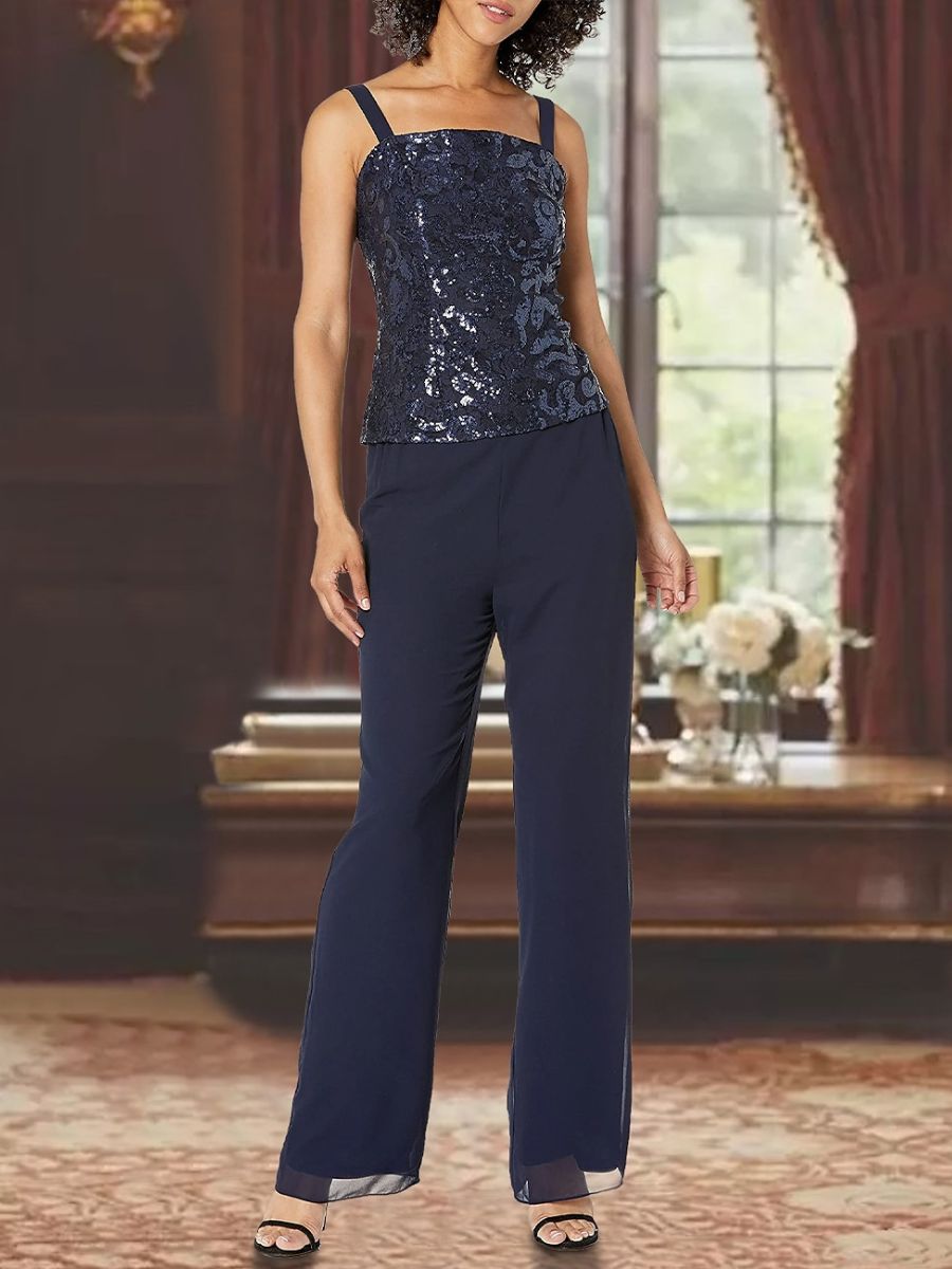3 Piece Chiffon Square Neck Ankle Length Mother Of The Bride Pantsuits With Applique