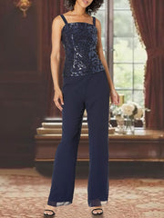 3 Piece Chiffon Square Neck Ankle Length Mother Of The Bride Pantsuits With Applique