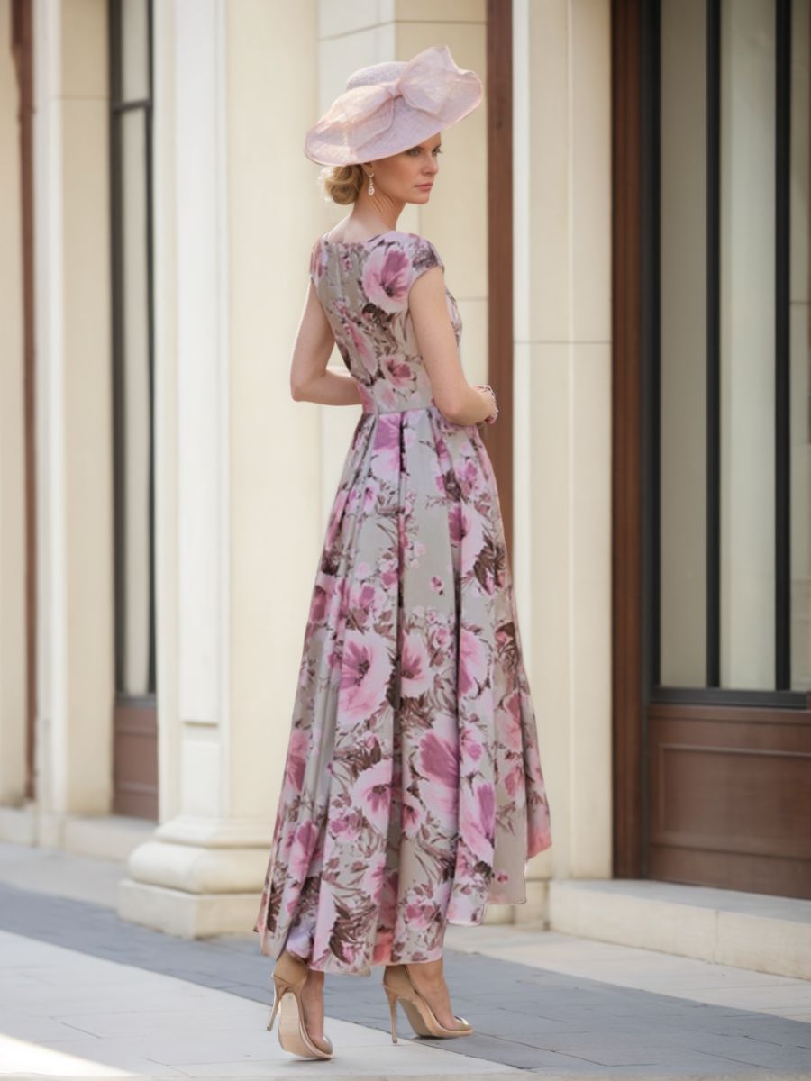A Line Princess Scoop Neck Short Sleeves Printed Flower Mother Of The Bride Groom Dresses