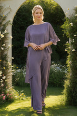 2 Pieces Chiffon Scoop 3 4 Sleeves Mother Of The Bride Pantsuits With Rhinestones