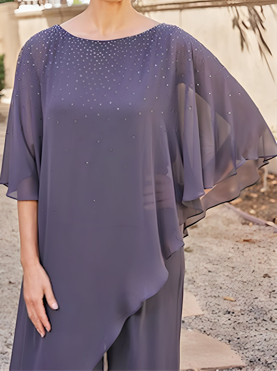 2 Pieces Chiffon Scoop 3 4 Sleeves Mother Of The Bride Pantsuits With Rhinestones