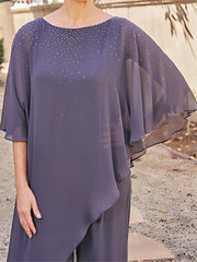 2 Pieces Chiffon Scoop 3 4 Sleeves Mother Of The Bride Pantsuits With Rhinestones