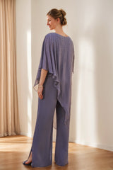 2 Pieces Chiffon Scoop 3 4 Sleeves Mother Of The Bride Pantsuits With Rhinestones