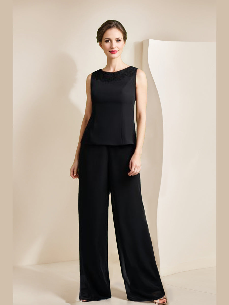 Black Chiffon Scoop 3 4 Sleeves Mother Of The Bride Pantsuits With Appliques Jacket
