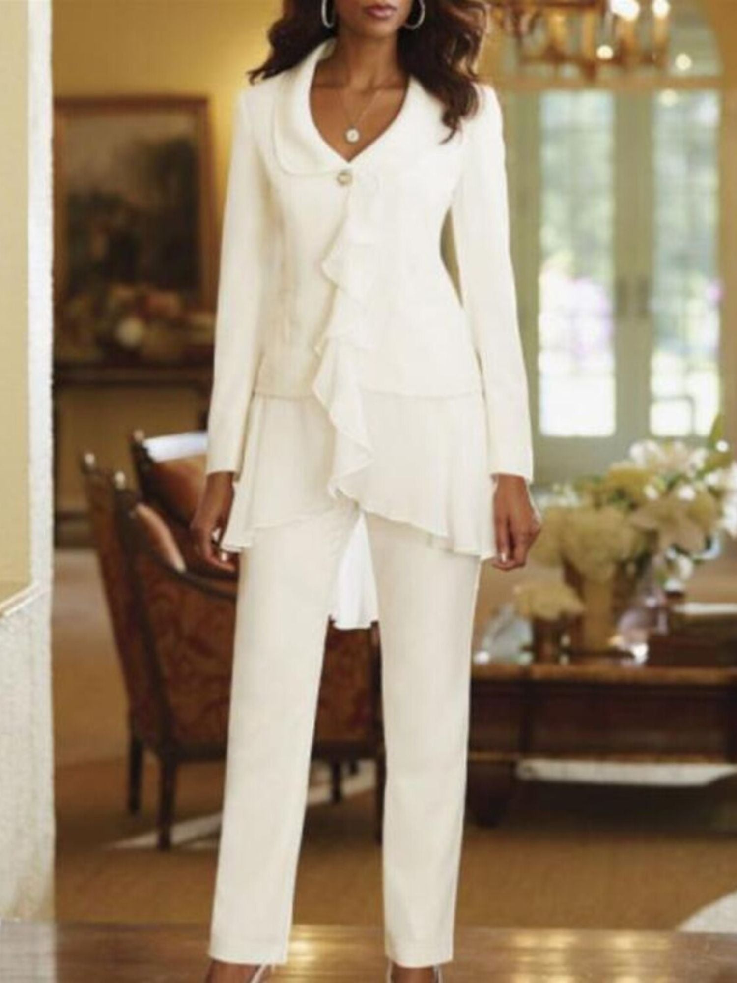 White V Neck Long Sleeves Floor Length Mother Of The Bride Pantsuits With Ruffle