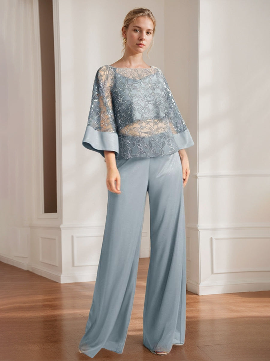2 Pieces Chiffon Scoop Mother Of The Bride Pantsuits With Lace Appliques Sequins