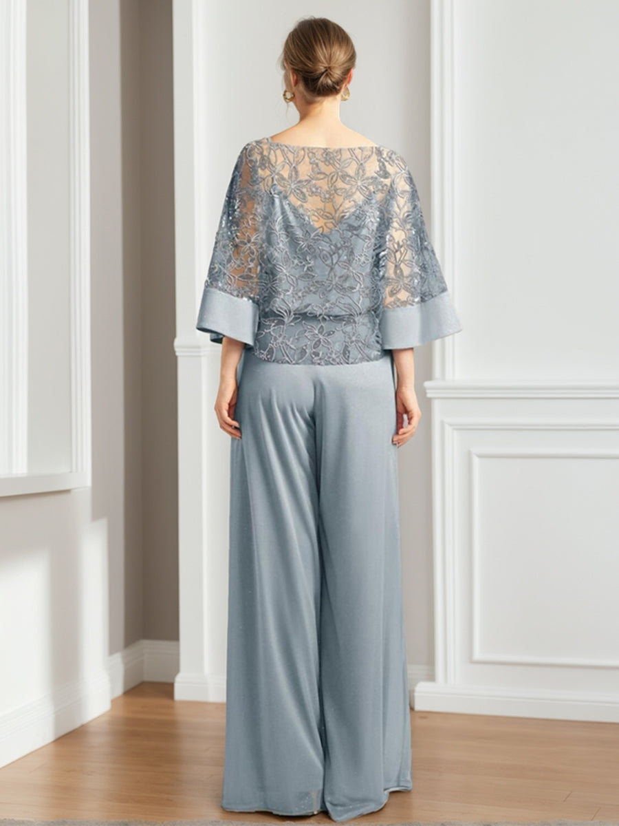 2 Pieces Chiffon Scoop Mother Of The Bride Pantsuits With Lace Appliques Sequins