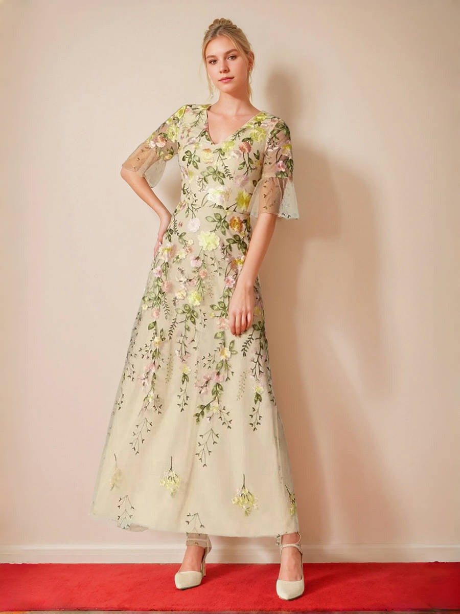 A Line Princess V Neck Short Sleeves Floral Mother Of The Bride Dresses With Embroidery
