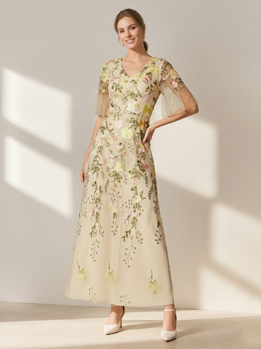 A Line Princess V Neck Short Sleeves Floral Mother Of The Bride Dresses With Embroidery