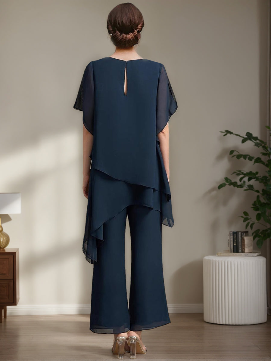 2 Pieces Chiffon Elegant Round Neck Mother Of The Bride Pantsuits With Ruffles