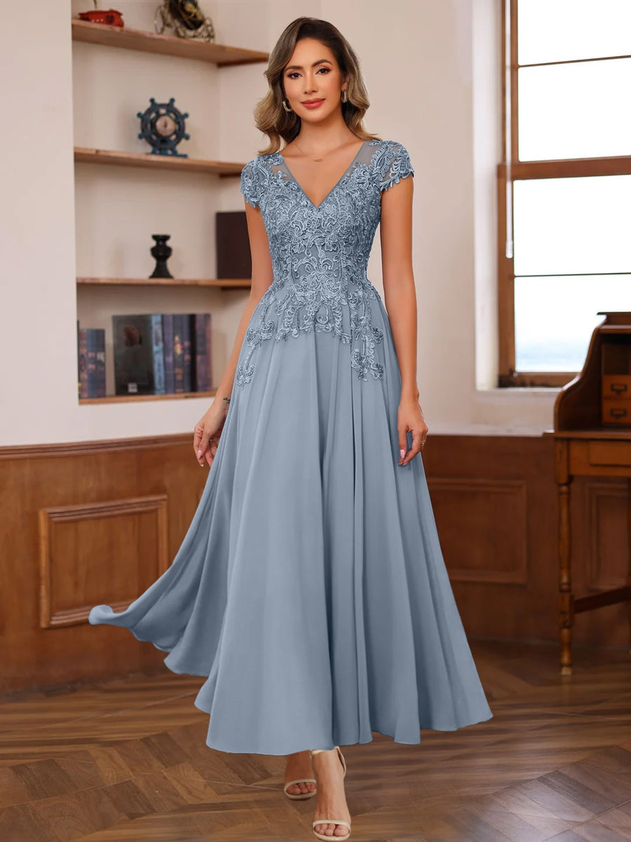 A Line V Neck Short Sleeves Ankle Length Mother Of The Bride Dresses With Lace Appliques
