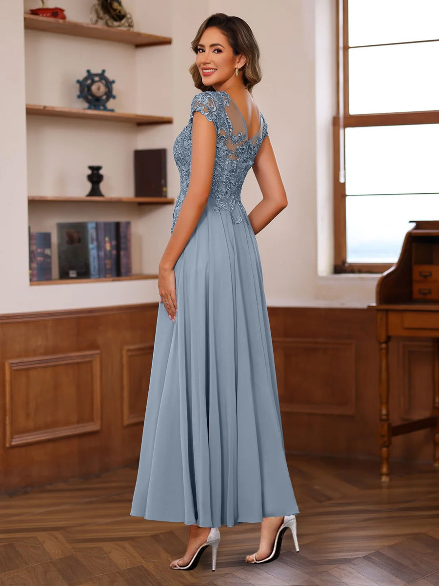 A Line V Neck Short Sleeves Ankle Length Mother Of The Bride Dresses With Lace Appliques