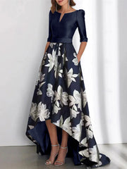 Elegant A Line Boat Neck Printed Flower Asymmetrical Mother Of The Bride Groom Dresses