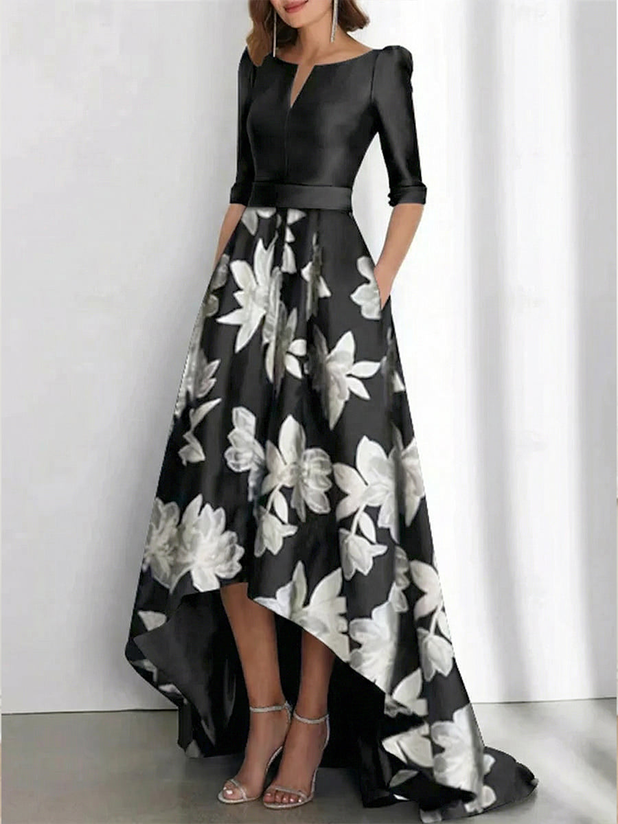 Elegant A Line Boat Neck Printed Flower Asymmetrical Mother Of The Bride Groom Dresses