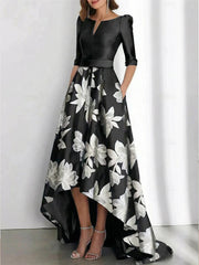 Elegant A Line Boat Neck Printed Flower Asymmetrical Mother Of The Bride Groom Dresses