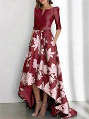 Elegant A Line Boat Neck Printed Flower Asymmetrical Mother Of The Bride Groom Dresses
