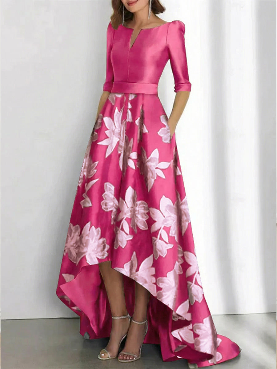 Elegant A Line Boat Neck Printed Flower Asymmetrical Mother Of The Bride Groom Dresses